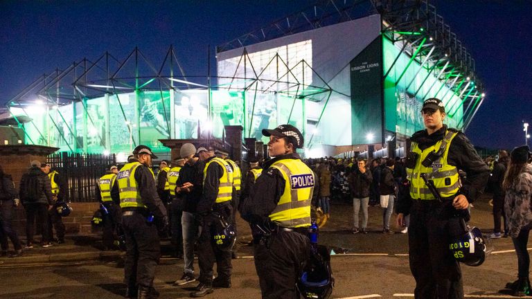GLASGOW, SCOTLAND - OCTOBER 24: There is a heavy police presence during the UEFA Europe League group stage match between Celtic and Lazio, at Celtic Park, on October 24, 2019, in Glasgow, Scotland. (Photo by Craig Williamson / SNS Group)