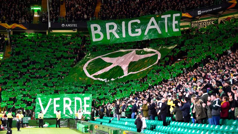 Celtic's fans display banners during the UEFA Europe League group stage match between Celtic and Lazio, at Celtic Park, on October 24, 2019