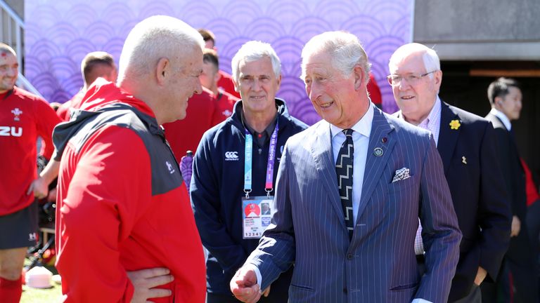 Prince Charles speaks with Wales head coach Warren Gatland