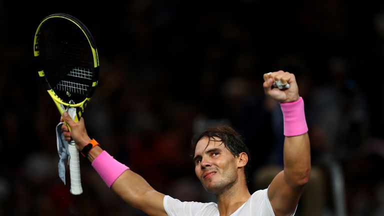 Rafael Nadal of Spain celebrates victory after his match against Stan Wawrinka of Switzerland on day 4 of the Rolex Paris Masters, part of the ATP World Tour Masters 1000 held at the at AccorHotels Arena on October 31, 2019 in Paris, France