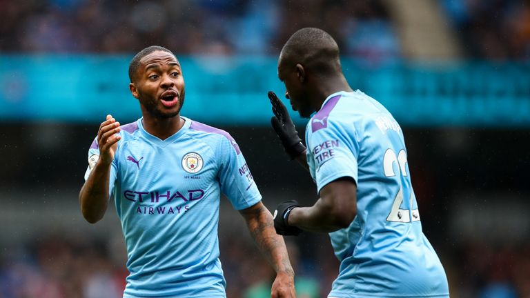 Raheem Sterling and Benjamin Mendy during Manchester City's win over Aston Villa in October 2019