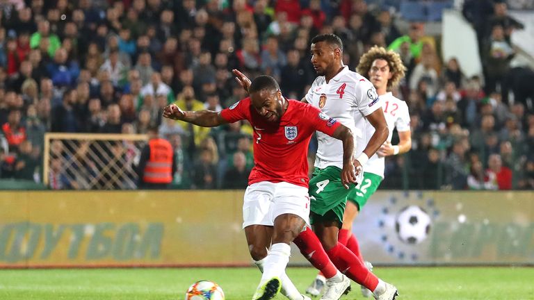 Raheem Sterling scores England's fifth goal in the win over Bulgaria