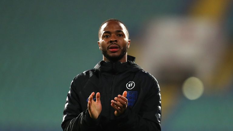 Raheem Sterling applauds the travelling England fans after the 6-0 win over Bulgaria
