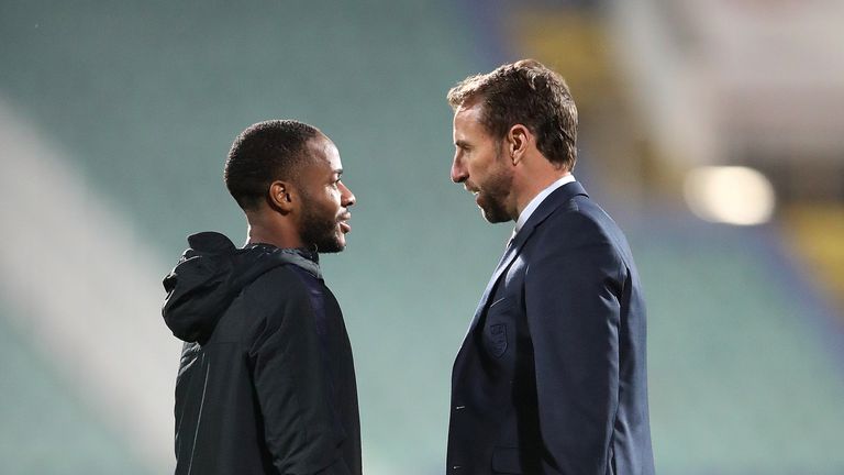Raheem Sterling and manager Gareth Southgate after the final whistle in Sofia