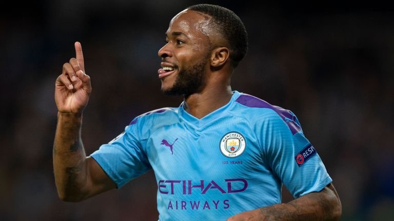 Raheem Sterling of Manchester City celebrates scoring his hat trick goal during the UEFA Champions League group C match between Manchester City and Atalanta 