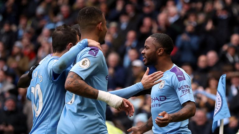 Manchester City's Raheem Sterling celebrates scoring his side's first goal against Aston Villa