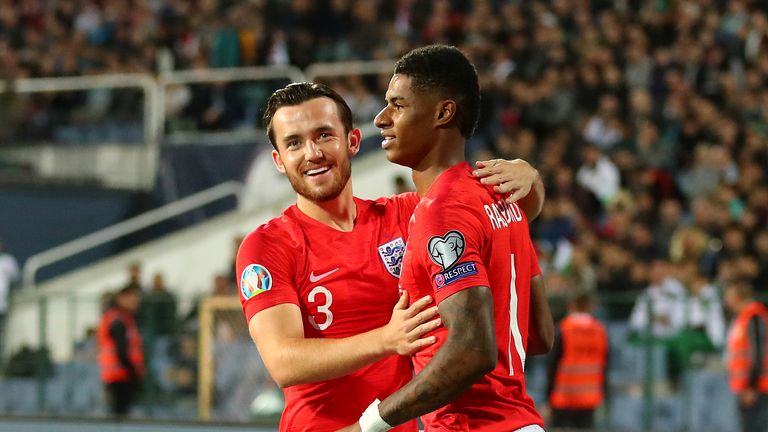 Ben Chilwell congratulates Marcus Rashford after stunning opener against Bulgaria