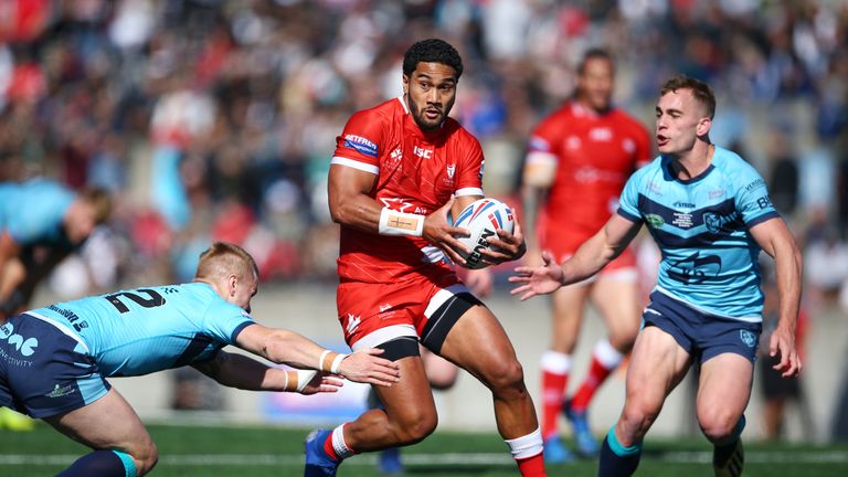 Picture by Vaughn Ridley/SWpix.com - 05/10/2019 - Rugby League - Betfred Championship Grand Final - Toronto Wolfpack v Featherstone Rovers - Lamport Stadium, Toronto, Canada - Ricky Leutele of the Toronto Wolfpack is tackled by Alex Sutcliffe of the Featherstone Rovers.