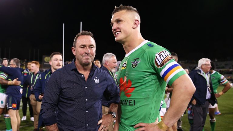 CANBERRA, AUSTRALIA - SEPTEMBER 27: Raiders Coach, Ricky Stuart speaks with Jack Wighton of the Raiders following the NRL Preliminary Final match between the Canberra Raiders and the South Sydney Rabbitohs at GIO Stadium on September 27, 2019 in Canberra, Australia. (Photo by Brendon Thorne/Getty Images)