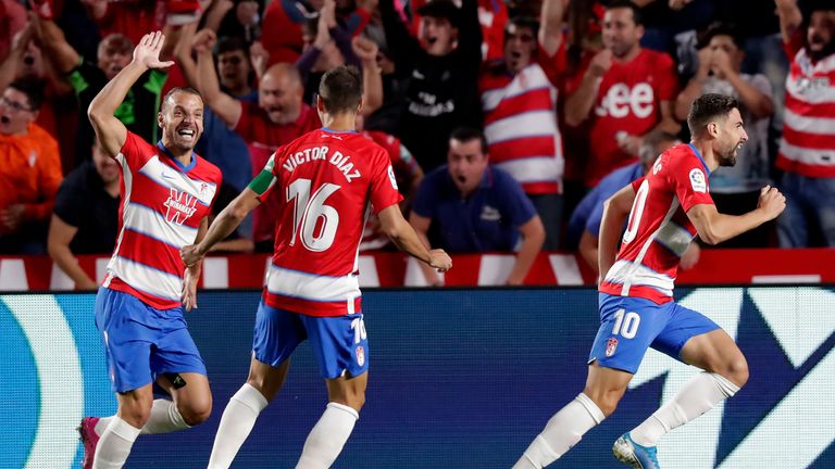 Roberto Soldado celebrates during Granada's win over Barcelona in La Liga