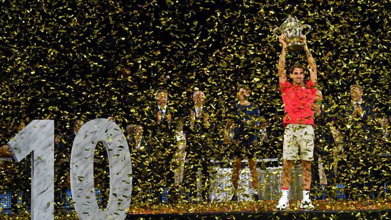 Roger Federer of Switzerland celebrates his 10th Swiss Indoors title during the final match of the Swiss Indoors ATP 500 tennis tournament against Alex de Minaur of Australia at St Jakobshalle on October 27, 2019 in Basel, Switzerland