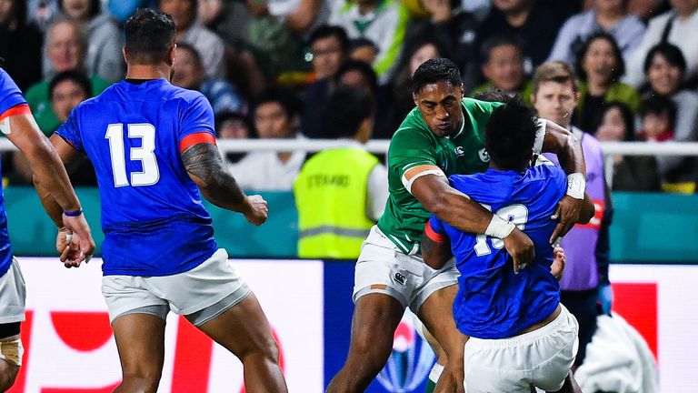 Bundee Aki was sent off for this tackle on Samoa fly-half Ulupano Seuteni