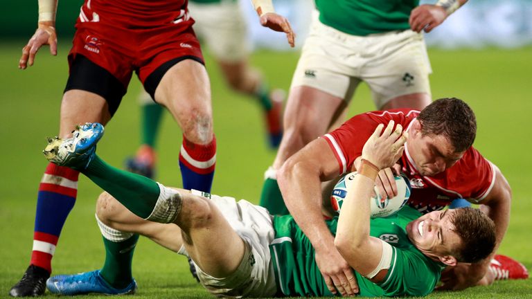 Russia prop Kirill Gotovtsev tackles Ireland's Garry Ringrose