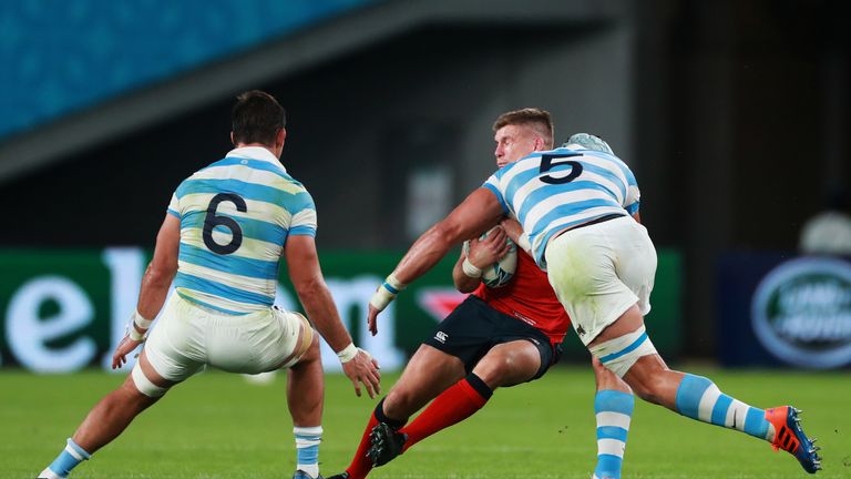 Tomas Lavanini was sent off for this dangerous tackle on England captain Owen Farrell