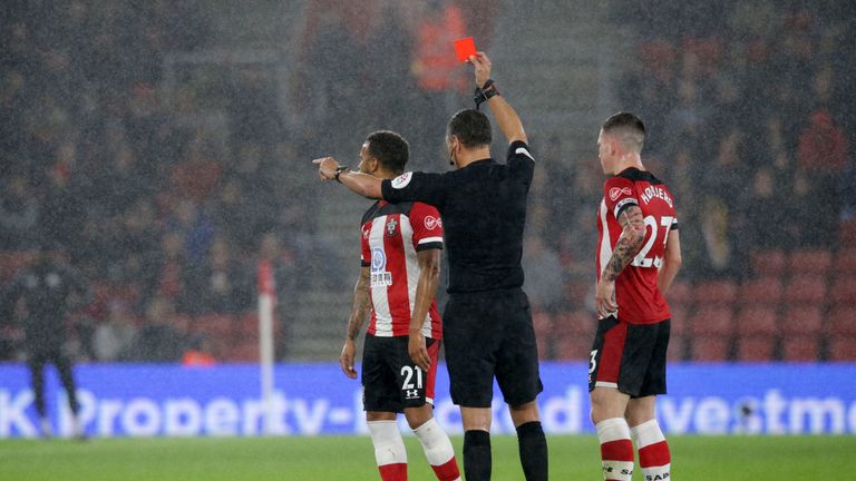 Ryan Bertrand was sent off in the first half for Southampton after a VAR review