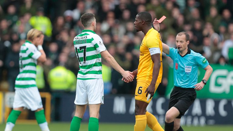 Celtic's Ryan Christie is shown the red card during the Ladbrokes Scottish Premiership match at the Tony Macaroni Arena
