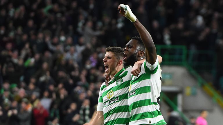 Celtic's Ryan Christie and Odsonne Edouard celebrating after beating Lazio in the Europa League
