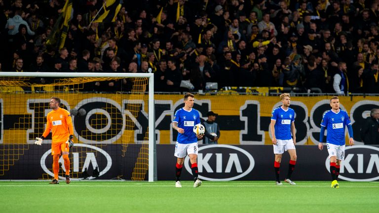 Ryan Jack is dejected after Young Boys score to make it 1-1 during the Europa League Group G match between Young Boys and Rangers