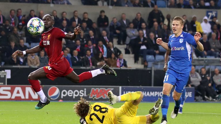 Sadio Mane scores Liverpool's third goal against Genk