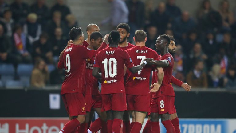 Sadio Mane celebrates scoring his goal against Genk