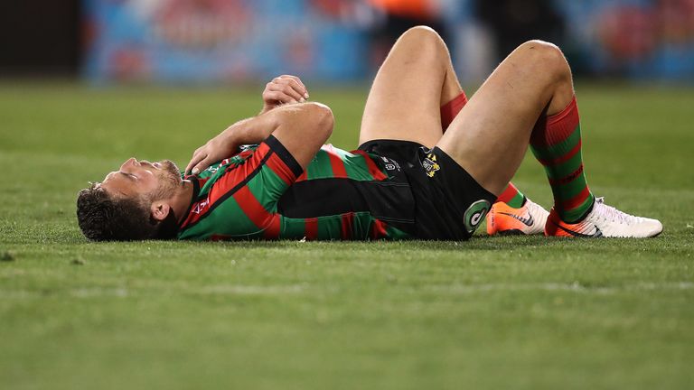 Sam Burgess of the Rabbitohs holds his shoulder during the NRL Preliminary Final match between the Canberra Raiders and the South Sydney Rabbitohs at GIO Stadium on September 27, 2019 in Canberra, Australia. 