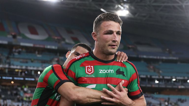 Sam Burgess and Cody Walker of the Rabbitohs celebrate victory during the NRL Semi Final match between the South Sydney Rabbitohs and the Manly Sea Eagles at ANZ Stadium on September 20, 2019 in Sydney, Australia