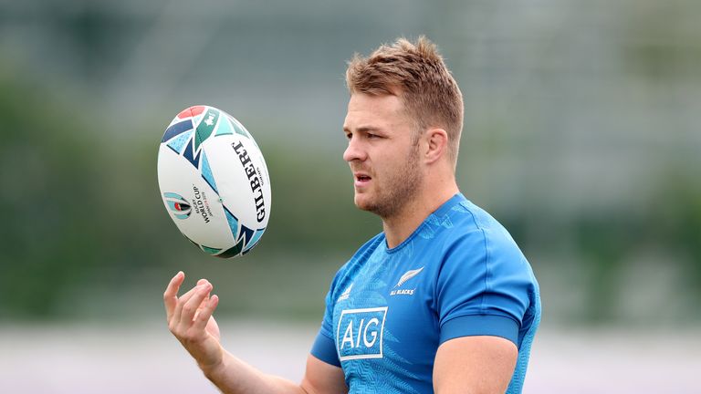 Sam Cane of the All Blacks runs through drills during a New Zealand All Blacks training session at Tatsuminomori Seaside Park on October 15, 2019 in Tokyo, Japan. 