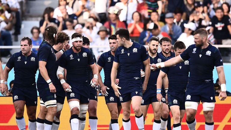 Scotland players during the Rugby World Cup, Pool A match against Russia in Shizuoka