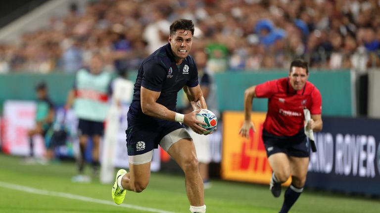 Scotland wing Sean Maitland scores the opening try against Samoa in the World Cup