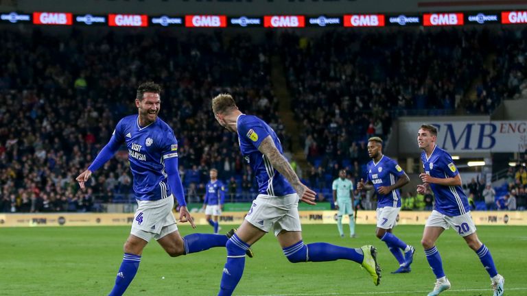 CARDIFF, WALES - OCTOBER 02: Sean Morrison (L) celebrates scoring the first goal for Cardiff City FC during the Sky Bet Championship match between Cardiff City and Queens Park Rangers at Cardiff City Stadium on October 1, 2019 in Cardiff, Wales. (Photo by Cardiff City FC/Getty Images)