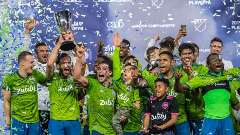 Seattle Sounders celebrate beating Los Angeles FC 3-1 to win the MLS Western Conference Final 