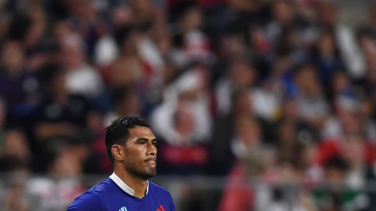 France's lock Sebastien Vahaamahina reacts after receiving a red card during the Japan 2019 Rugby World Cup quarter-final match between Wales and France at the Oita Stadium in Oita on October 20, 2019.