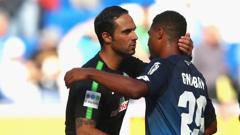 during the Bundesliga match between TSG 1899 Hoffenheim and SV Werder Bremen at Wirsol Rhein-Neckar-Arena on August 19, 2017 in Sinsheim, Germany.