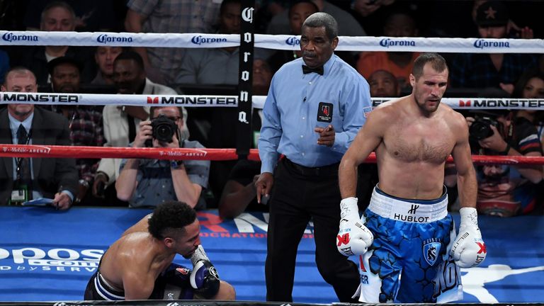 Sergey Kovalev Andre Ward in the XX round of their light heavyweight championship bout at T-Mobile Arena on November 19, 2016 in Las Vegas, Nevada. Ward took Kovalev's WBA, IBF and WBO titles with a unanimous-decision victory.