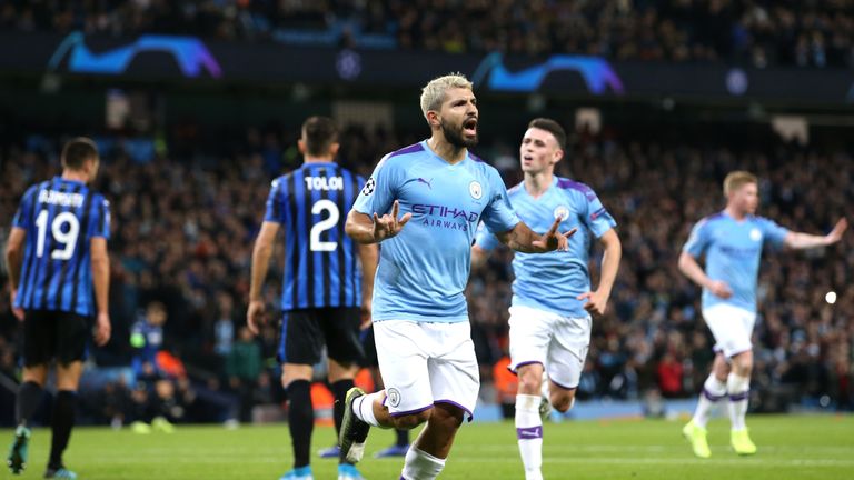 Sergio Aguero celebrates giving Manchester City the lead against Atalanta