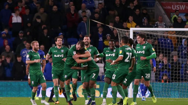 Sheffield Wednesday celebrate Julian Borner's goal against Cardiff City