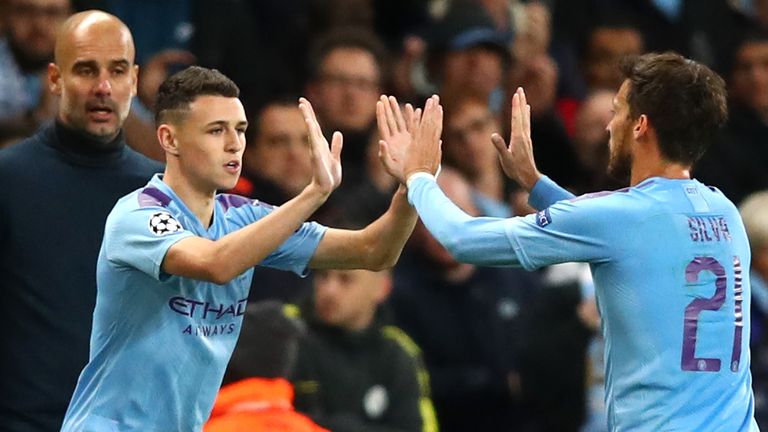 Phil Foden replaces David Silva during Manchester City's Champions League match with Dinamo Zagreb.