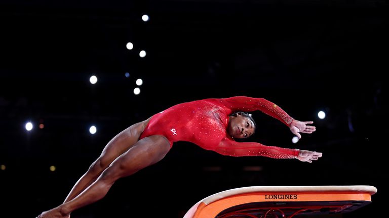 Simone Biles competes in the vault at the World Gymnastics Championships in Stuttgart