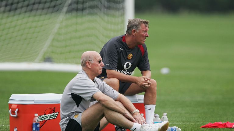 Sir Alex Fergerson and Sir Bobby Charlton watch United training; Fergie was happy to offload training duties to his coaches, a far cry from United managers' meticulous involvement since
