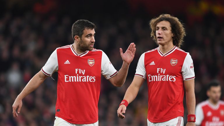 Sokratis and David Luiz speak during the 2-2 draw with Crystal Palace on Sunday