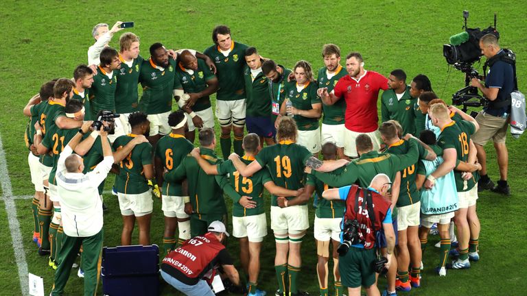 South Africa form a huddle after their World Cup semi-final victory over Wales