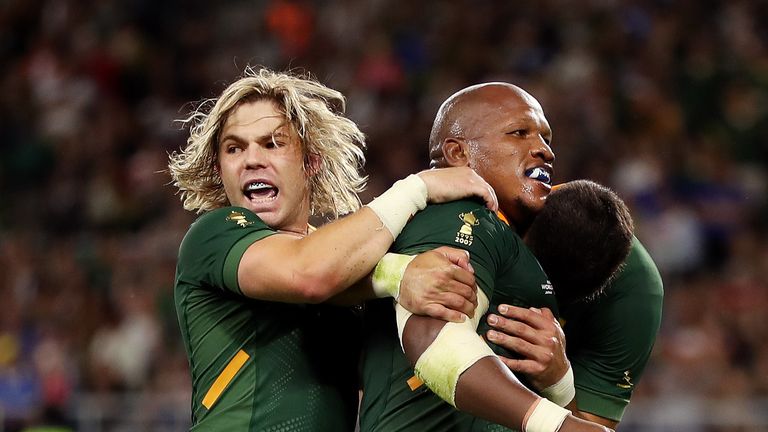 Mbongeni Mbonambi of South Africa celebrates after scoring his team's second try 
