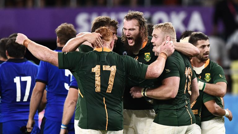 The Springbok replacements celebrate after beating Italy