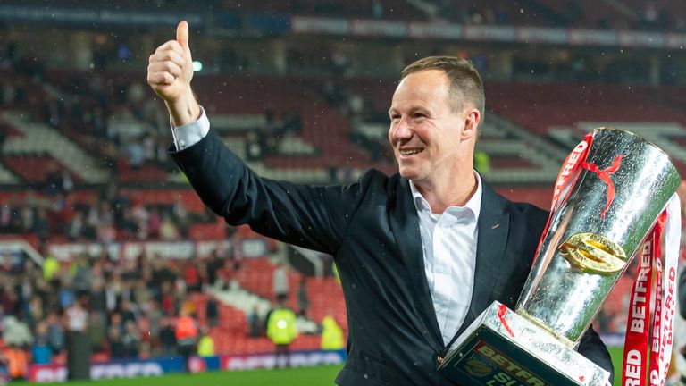 Picture by Allan McKenzie/SWpix.com - 12/10/2019 - Rugby League - Betfred Super League Grand Final - St Helens v Salford Red Devils - Old Trafford, Manchester, England - St Helens' coach Justin Holbrook with the Betfred Super League Trophy.