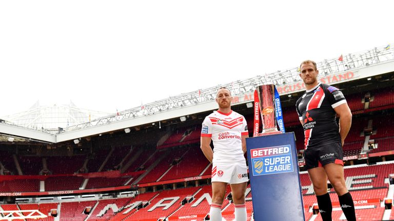 Picture by Simon Wilkinson/SWpix.com - 07/10/2019 - Rugby League Betfred Super League Grand Final 2019 St. Helens v Salford - Press Conference Preview at Old Trafford Manchester
Captains James Roby and Lee Mossop pictured with the trophy