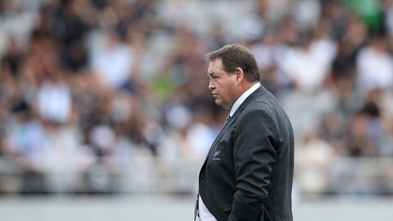 Steve Hansen of New Zealand looks on prior to the Rugby World Cup 2019 Group B game between New Zealand and Namibia at Tokyo Stadium on October 06, 2019 in Chofu, Tokyo, Japan. 