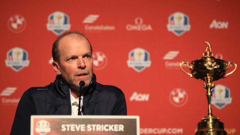 United States captain Steve Stricker speaks during a press conference for the Ryder Cup 2020 Year to Go media event at Whistling Straits Golf Course