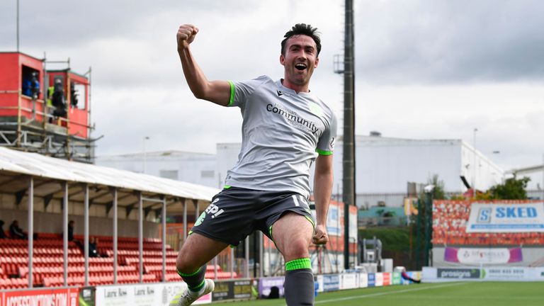 Stevie Mallan celebrates his opening goal for Hibernian against Hamilton