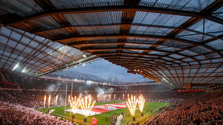 Picture by Allan McKenzie/SWpix.com - 12/10/2019 - Rugby League - Betfred Super League Grand Final - St Helens v Salford Red Devils - Old Trafford, Manchester, England - A general view (GV) of St Helens & Salford coming onto the field of play at Old Trafford.