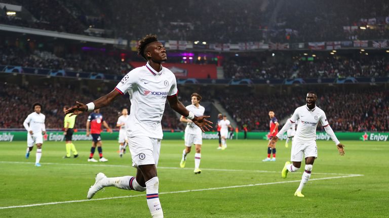 Tammy Abraham celebrates his debut goal in the Champions League 